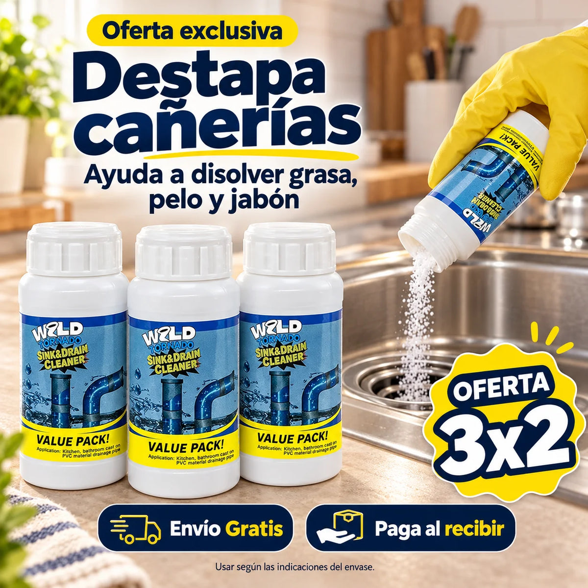 Destapa cañerías - Ayuda a disolver grasa, pelo y jabón