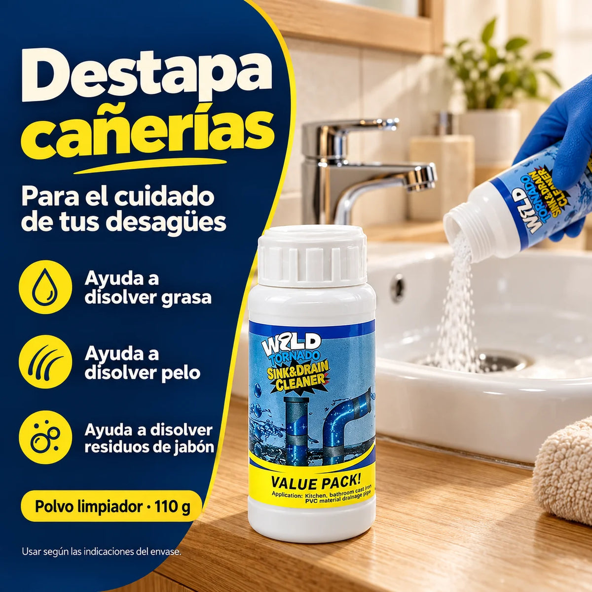 Destapa cañerías - Ayuda a disolver grasa, pelo y jabón