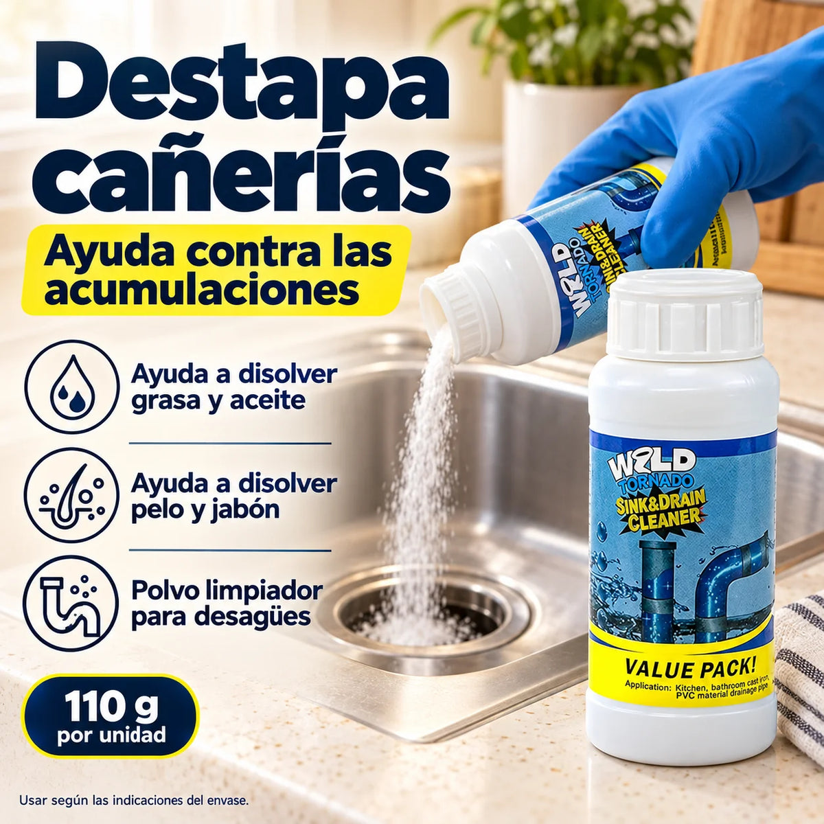 Destapa cañerías - Ayuda a disolver grasa, pelo y jabón