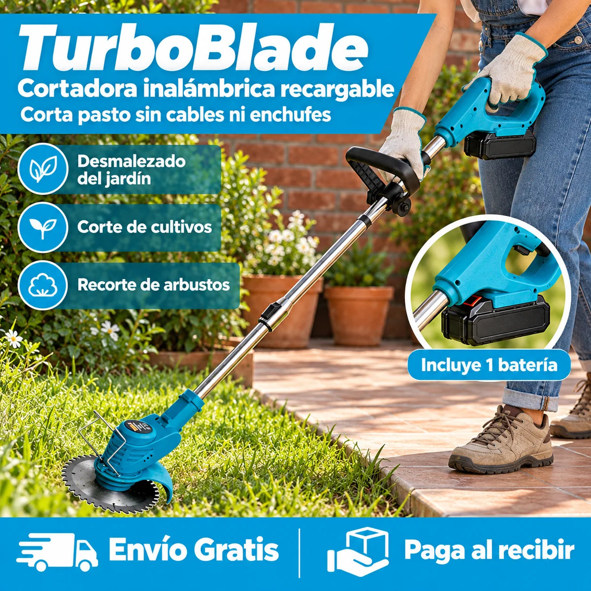 TurboBlade - Corta pasto sin cables ni enchufes
