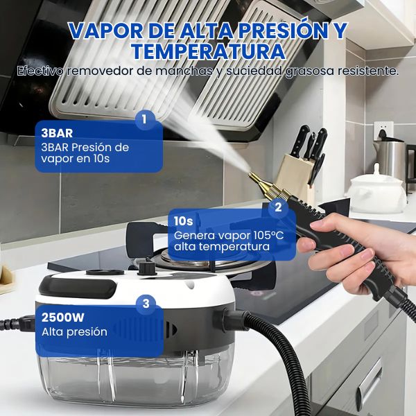 Limpiador a Vapor Alta Presión y Temperatura 2500W - Limpia sin químicos ni fricción