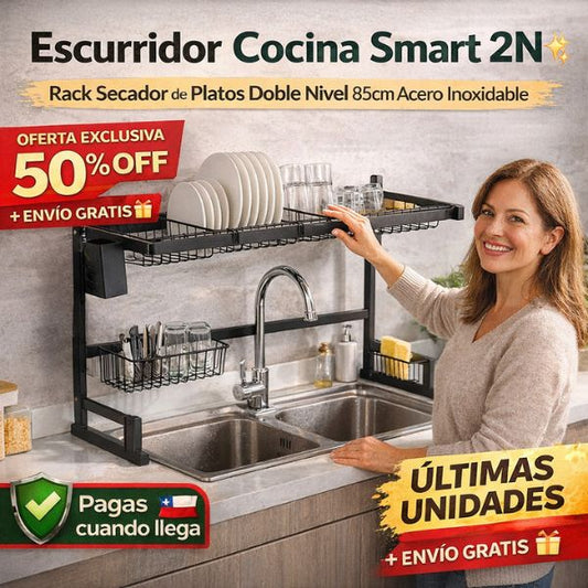 Escurridor Cocina Smart 2N 🍽️ Rack Secador de Platos Doble Nivel 85cm Acero Inoxidable ✨